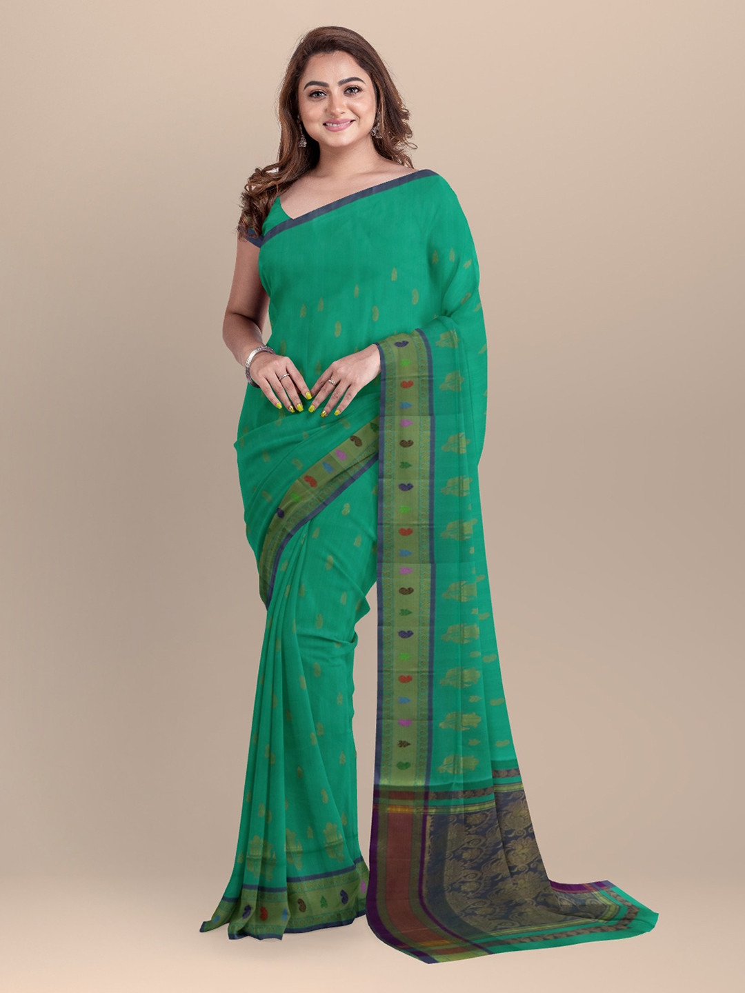 

APCO Teal Green Printed Pure Cotton Saree