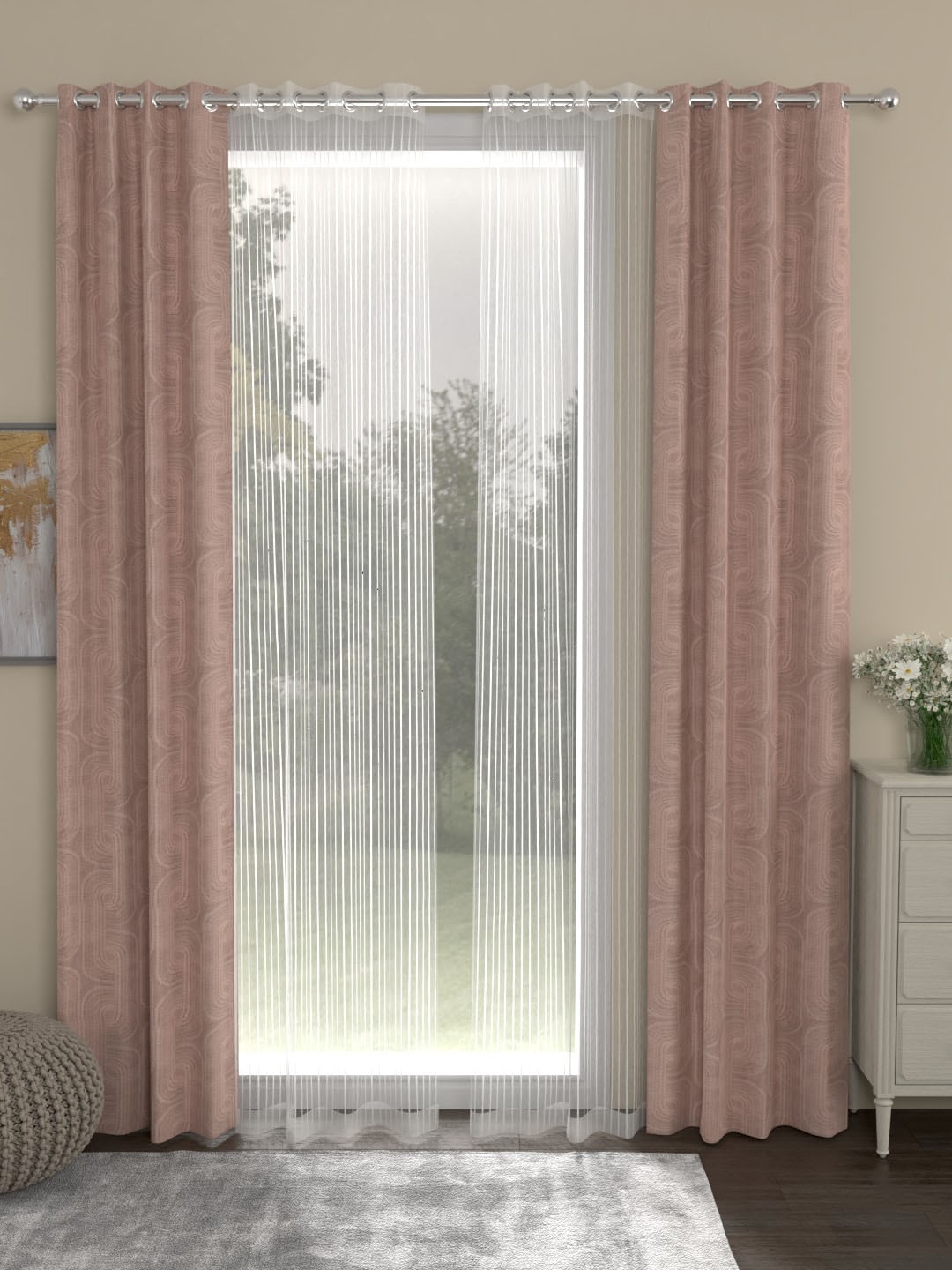 

ROSARA HOME Nude-Coloured & White Jacquard Striped Set of 4 Door Curtains