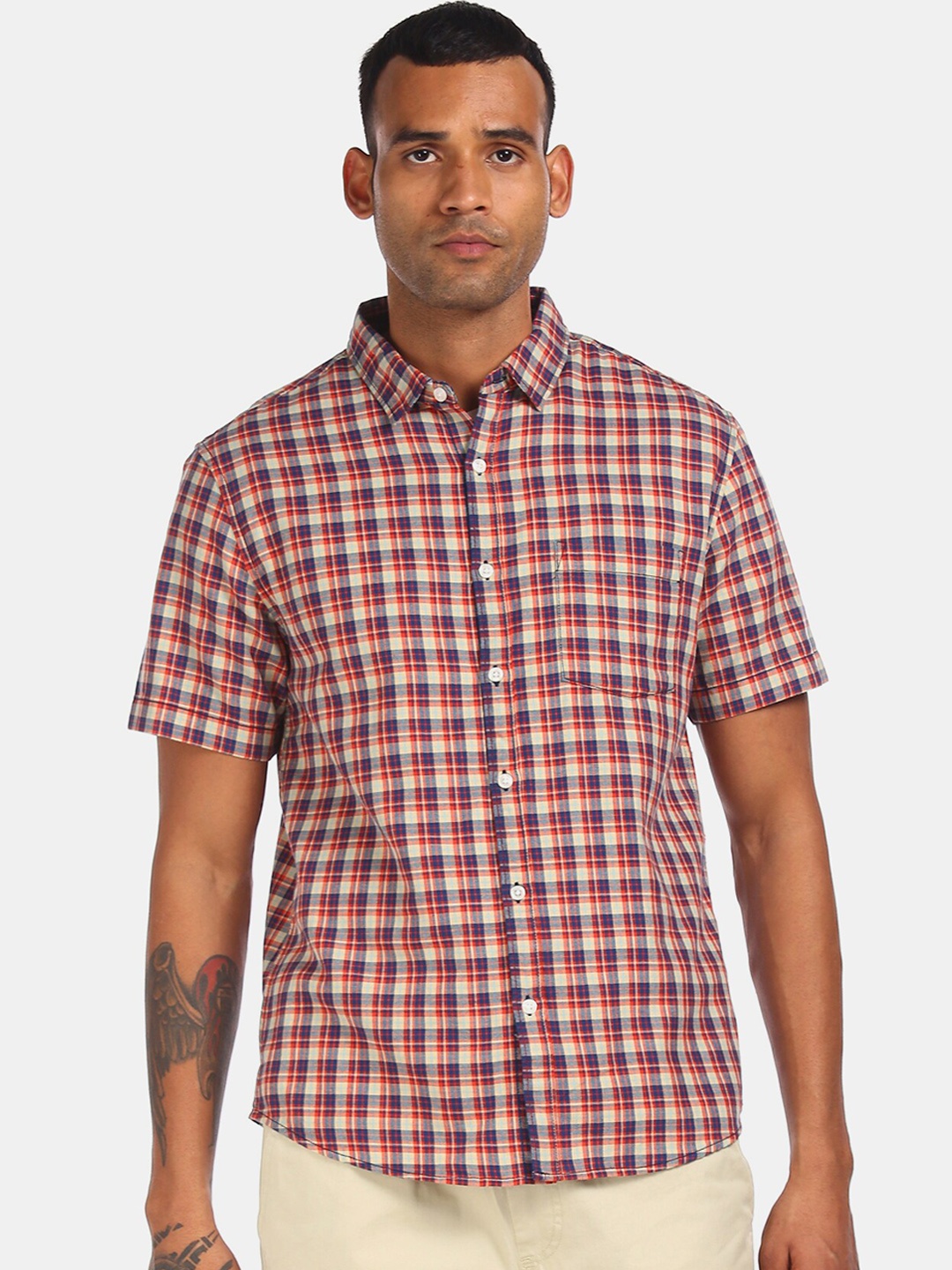 

Ruggers Men Beige & Navy Blue Regular Fit Checked Casual Shirt