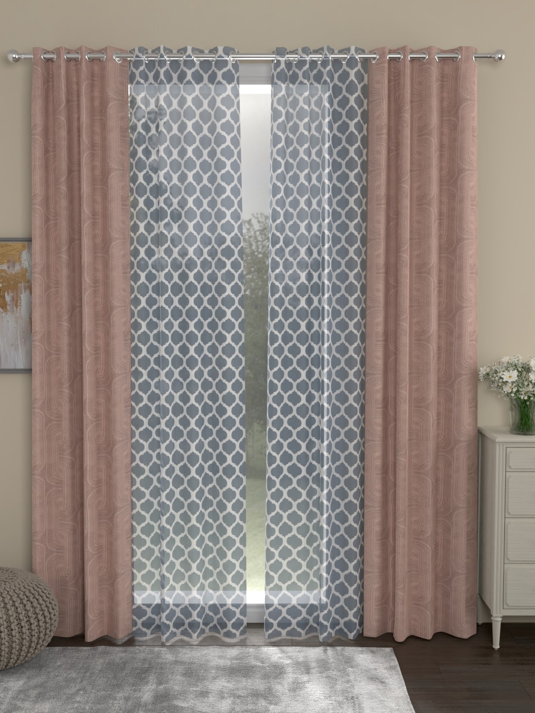 

ROSARA HOME Nude-Coloured & Grey Set of 4 Long Door Curtains