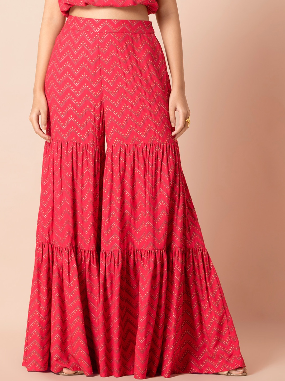 

INDYA Women Pink Geometric Foil Printed Tiered Sharara Pants