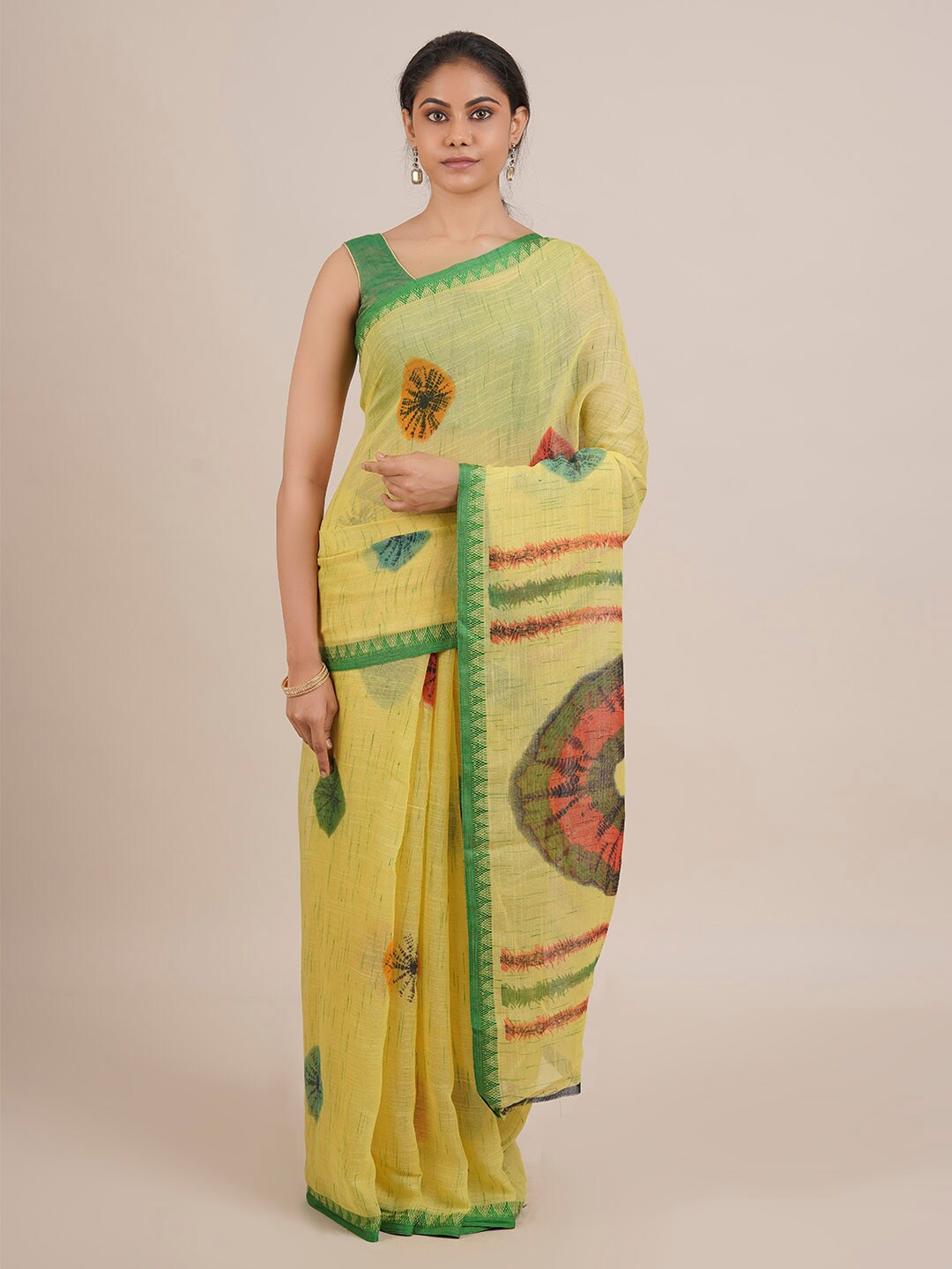 

Pothys Yellow Printed Linen Blend Saree
