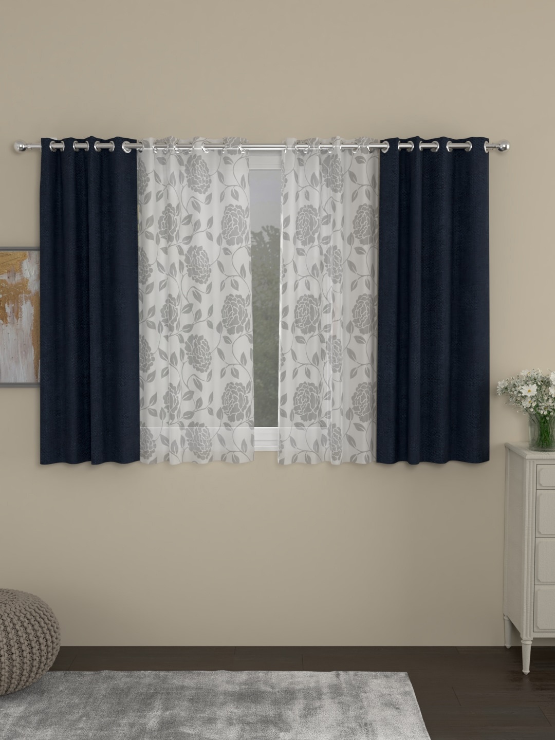 

ROSARA HOME Set Of 4 Navy Blue & White Window Curtains