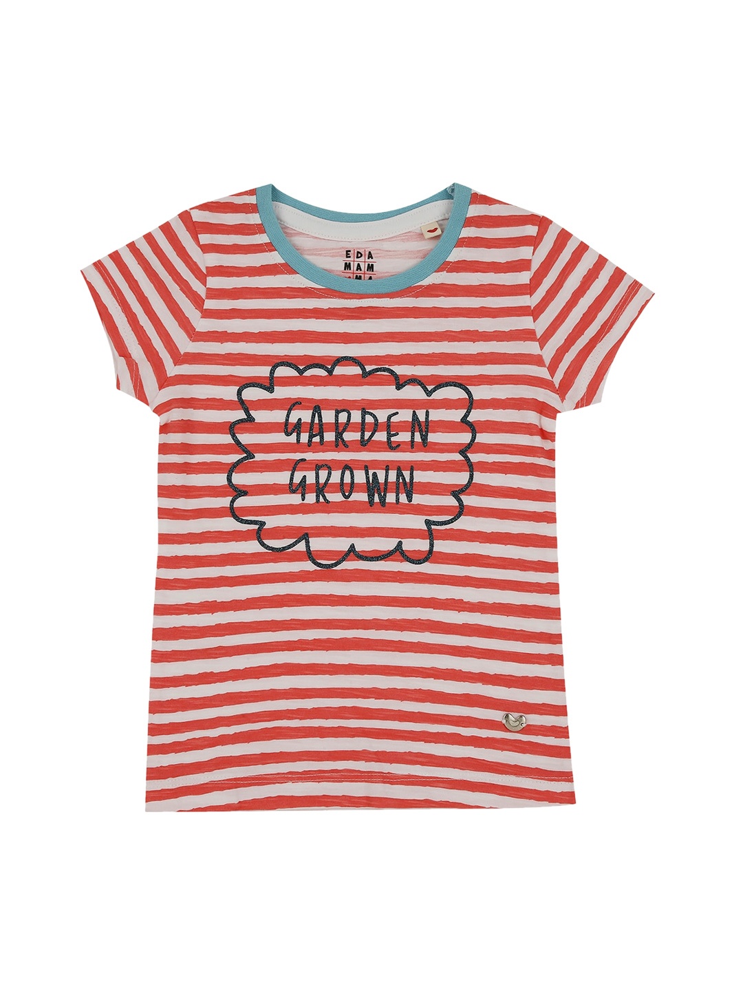 

Ed-a-Mamma Girls Coral Red Striped Round Neck Sustainable Pure Cotton T-shirt