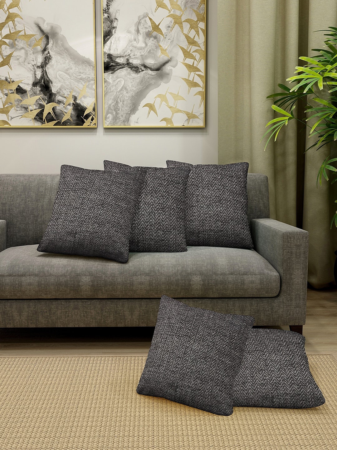 

KLOTTHE Black Set of 5 Self Design Square Cushion Covers