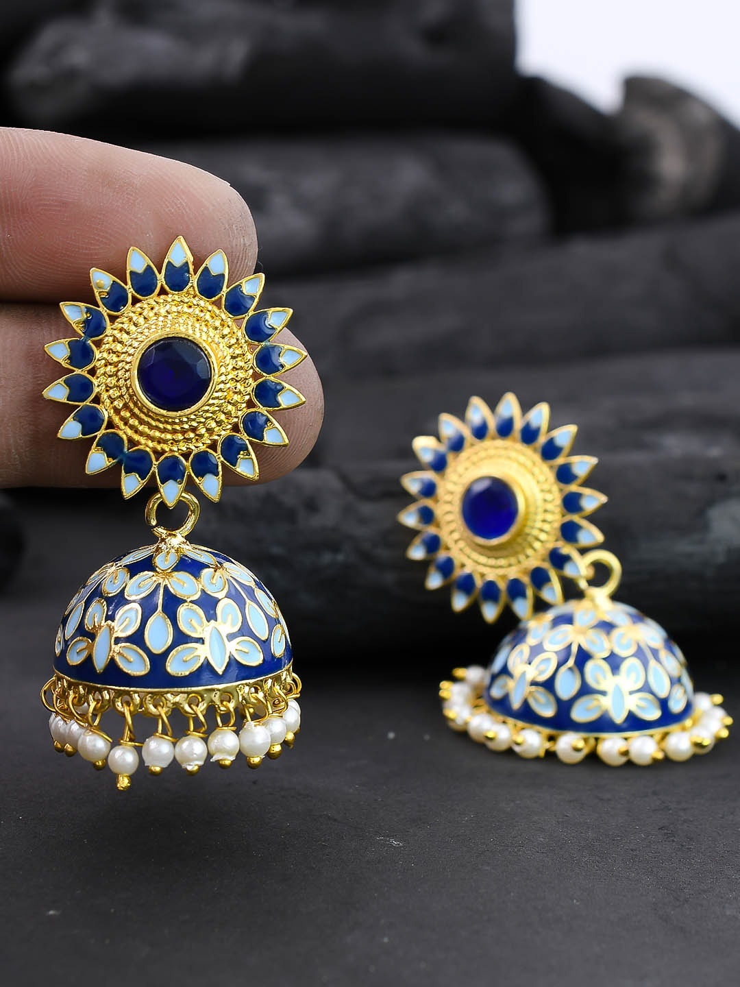 

Silvermerc Designs Gold-Toned & Blue Dome Shaped Jhumkas with Pearls