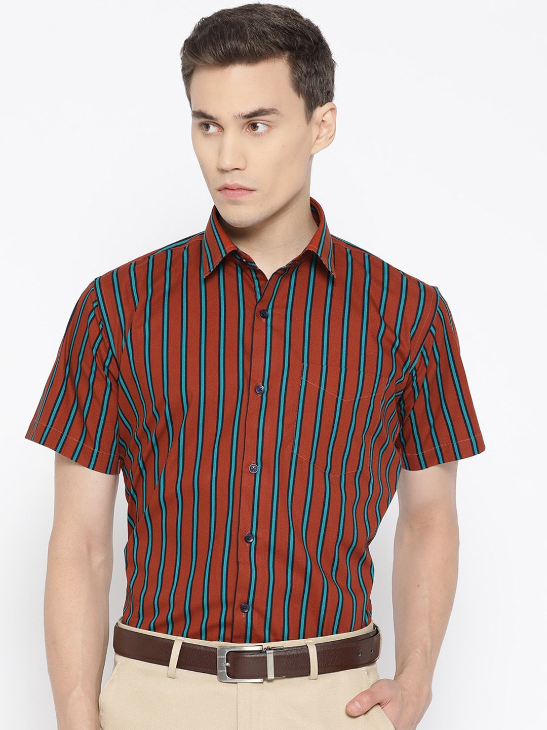 

Hancock Men Rust Brown & Blue Slim Fit Cotton Striped Formal Shirt