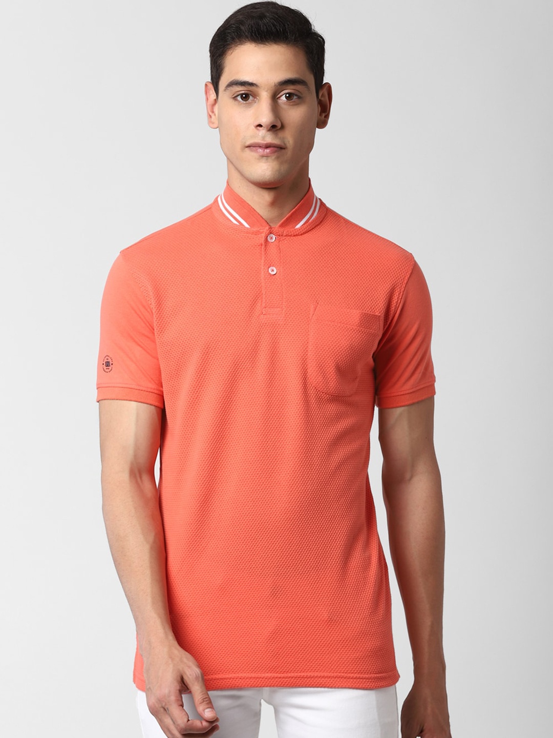

Peter England Casuals Men Orange Self Design Mandarin Collar Slim Fit T-shirt