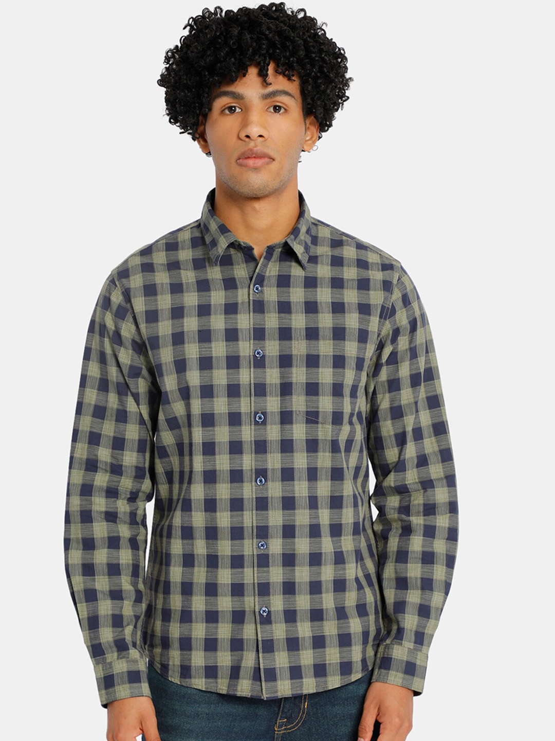 

Ruggers Men Navy Blue & Green Regular Fit Checked Cotton Casual Shirt