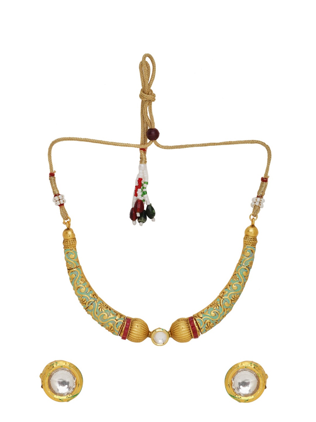 

Shoshaa Gold-Plated Lime Green & White Kundan-Studded Enameled Handcrafted Jewellery Set