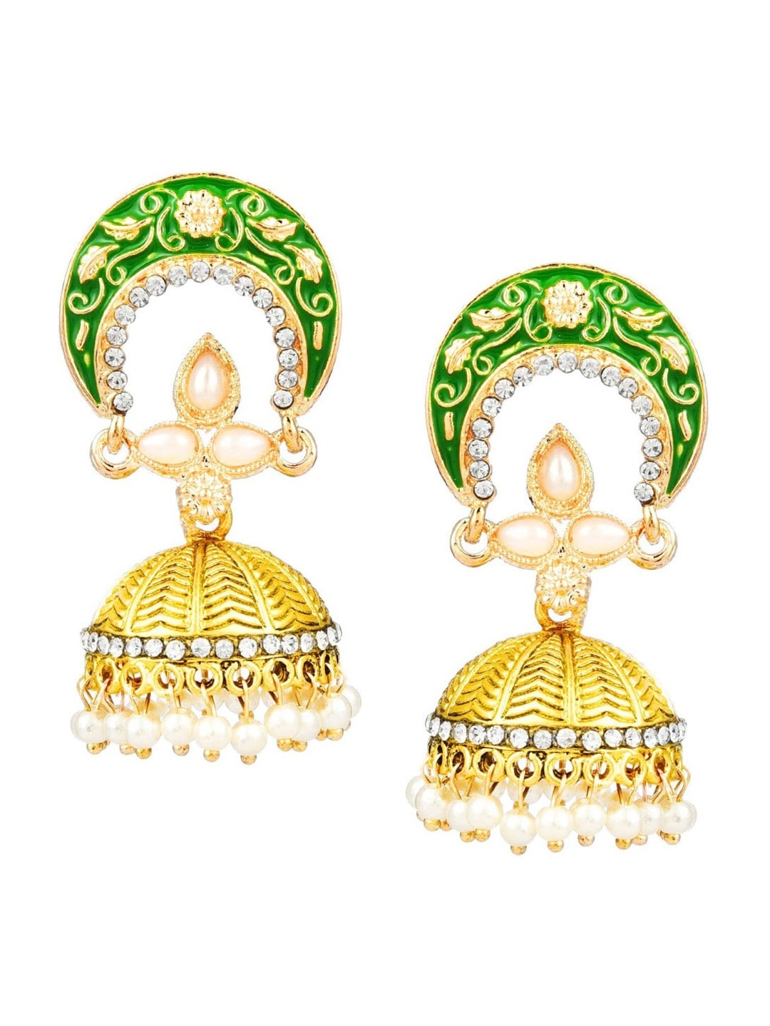 

Crunchy Fashion Green Gold-Plated Meenakari Dome Shaped Jhumkas