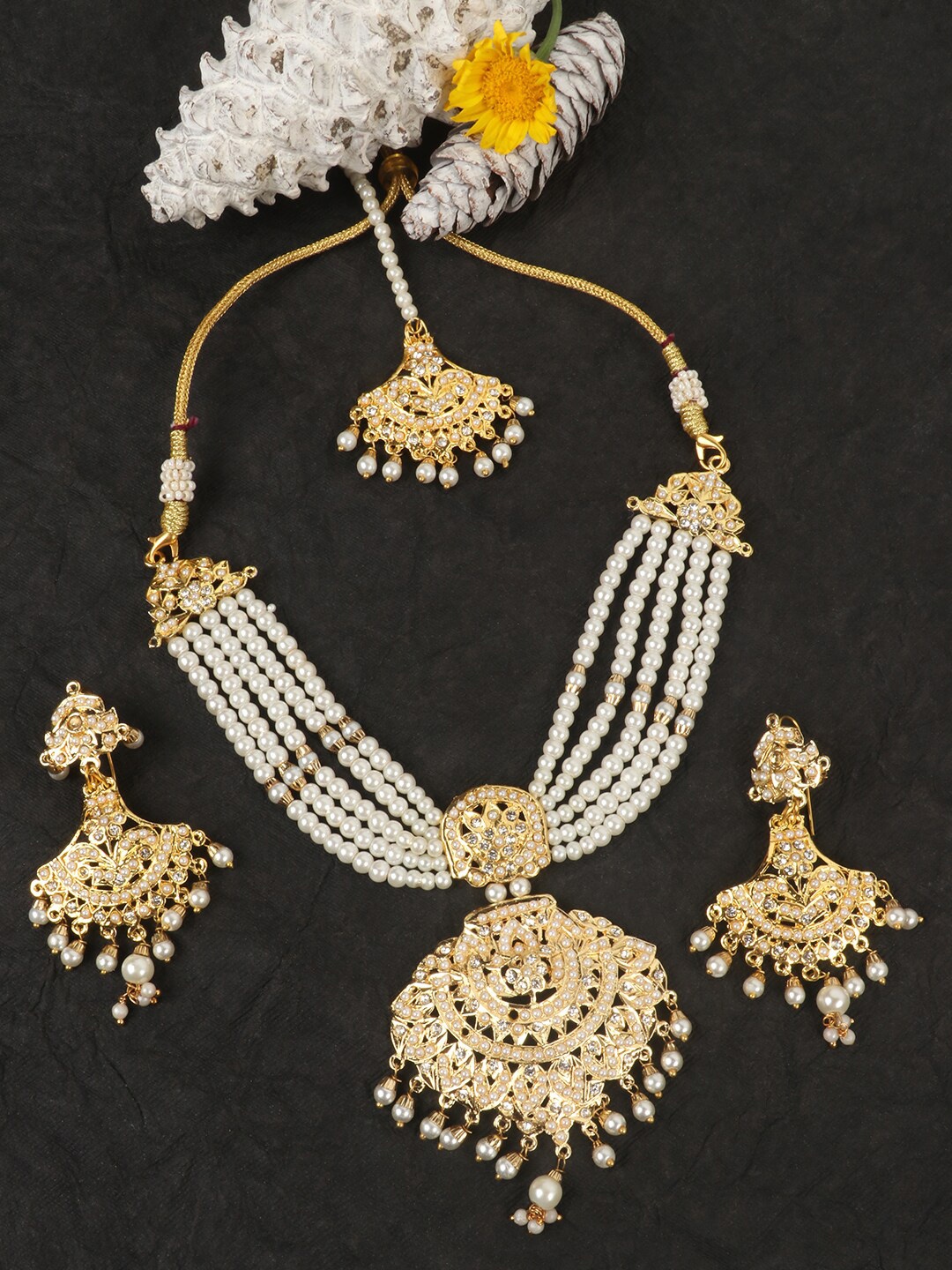 JEWELS GEHNA Gold-Plated White Pearl Beaded Jadau Traditional Jewellery Set