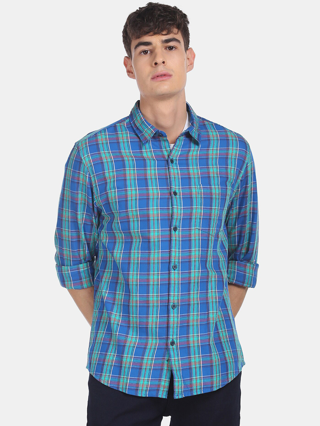 

Ruggers Men Blue & Green Regular Fit Checked Cotton Casual Shirt