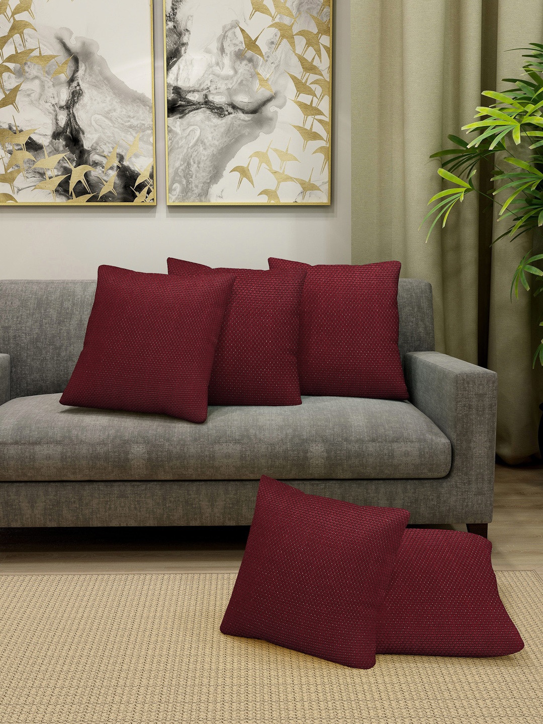

KLOTTHE Maroon Set of 5 Self Design Square Cushion Covers