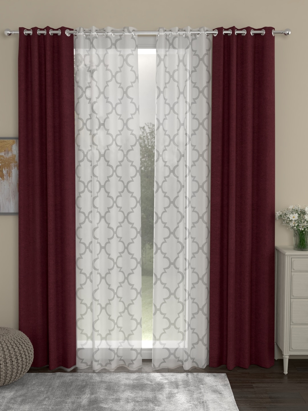 

ROSARA HOME Maroon & White Set of 4 Regular & Sheer Long Door Curtains