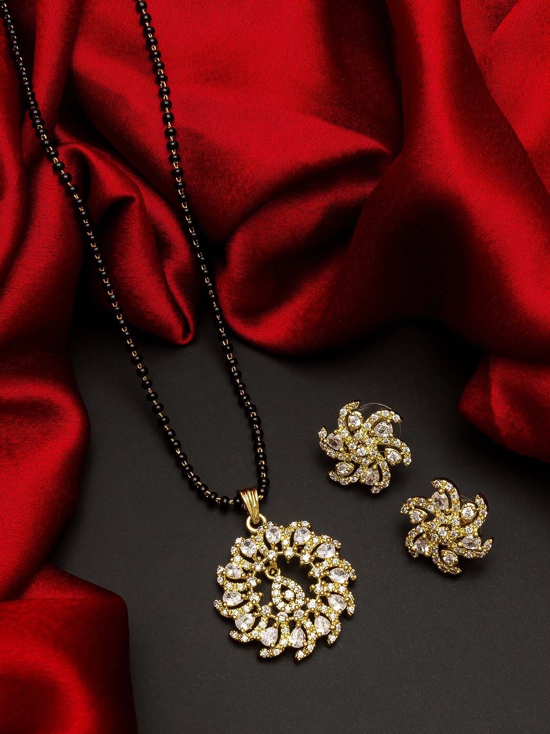 aadita Gold-Plated Black & White AD-Studded Beaded Mangalsutra