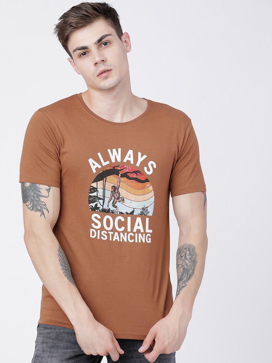 

HIGHLANDER Men Brown Printed Round Neck Cotton T-shirt