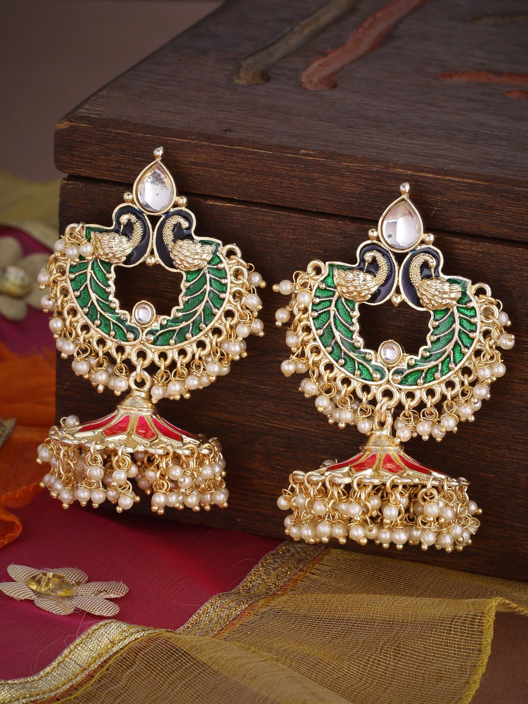 

Shoshaa Gold-Plated Green Enamelled Peacock Shaped Jhumkas