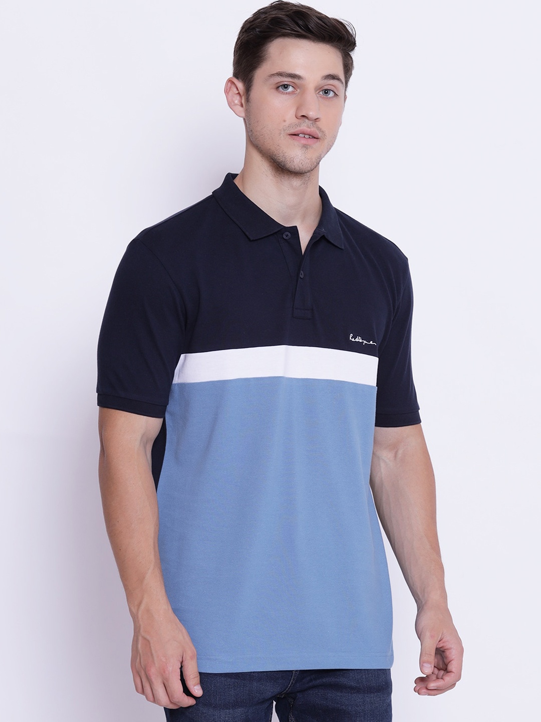 

Red Tape Men Blue Colourblocked Polo Collar T-shirt