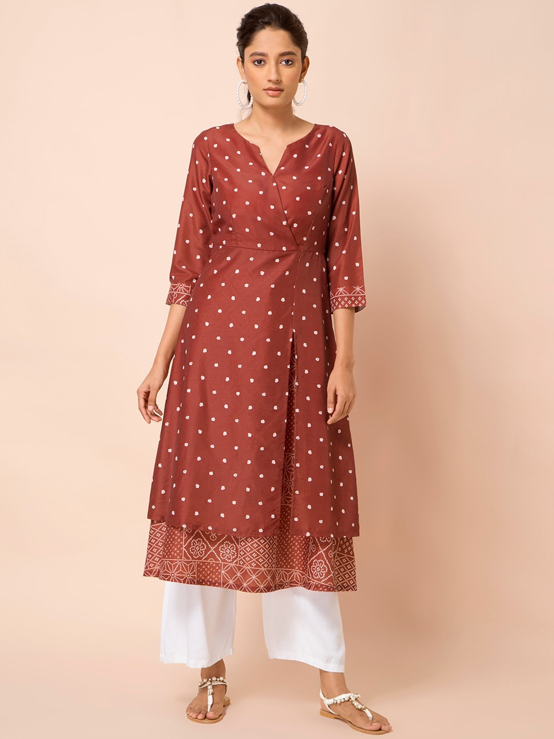 

INDYA Women Orange & Off White Geometric Printed Thread Work Kurta