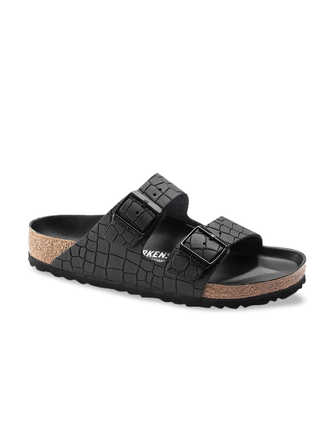 

Birkenstock Unisex Narrow Width Black & Brown Arizona Embossed Leather Comfort Sandals