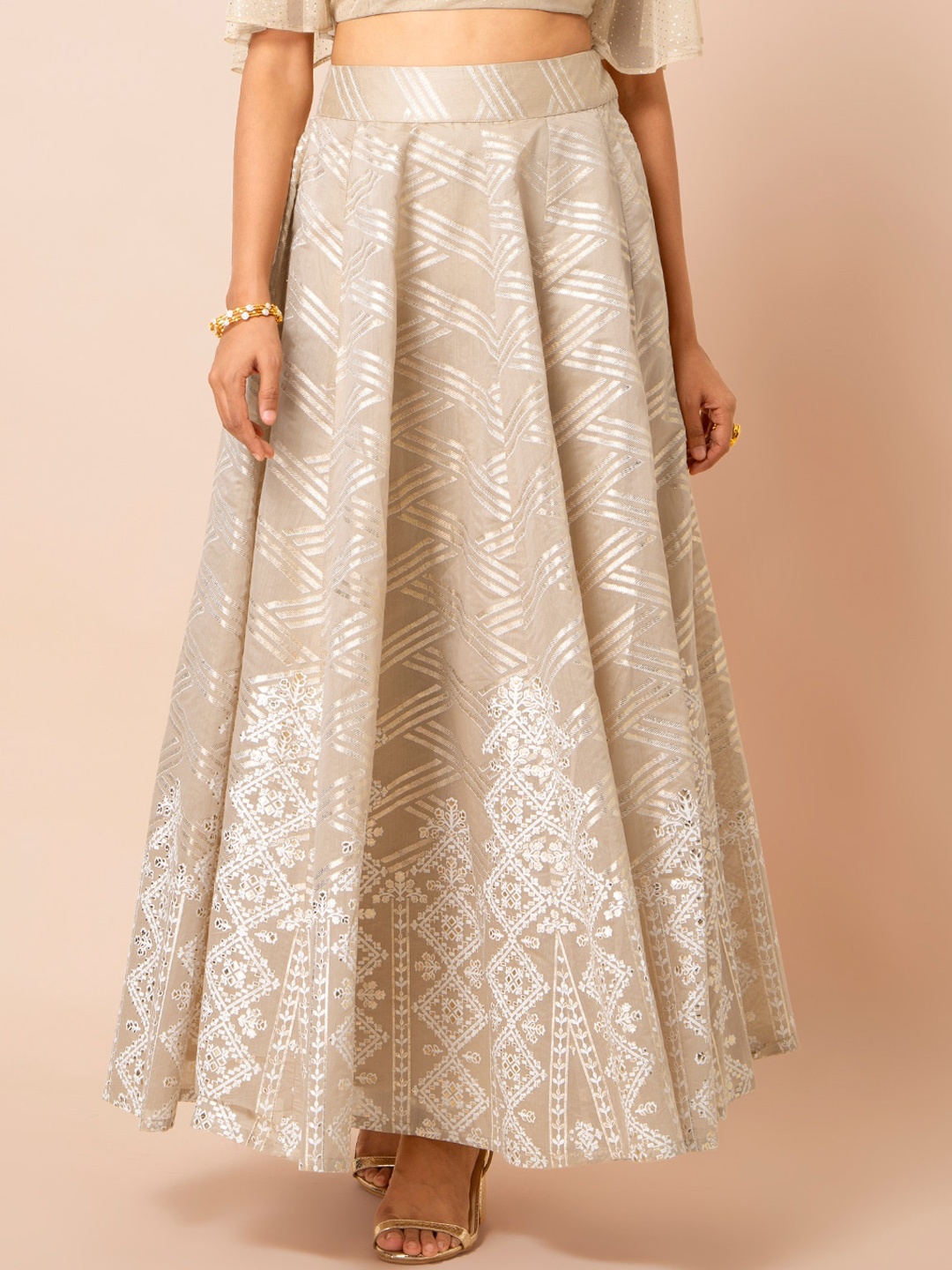

INDYA Women Beige & Silver-Coloured Embellished Flared Maxi Skirt