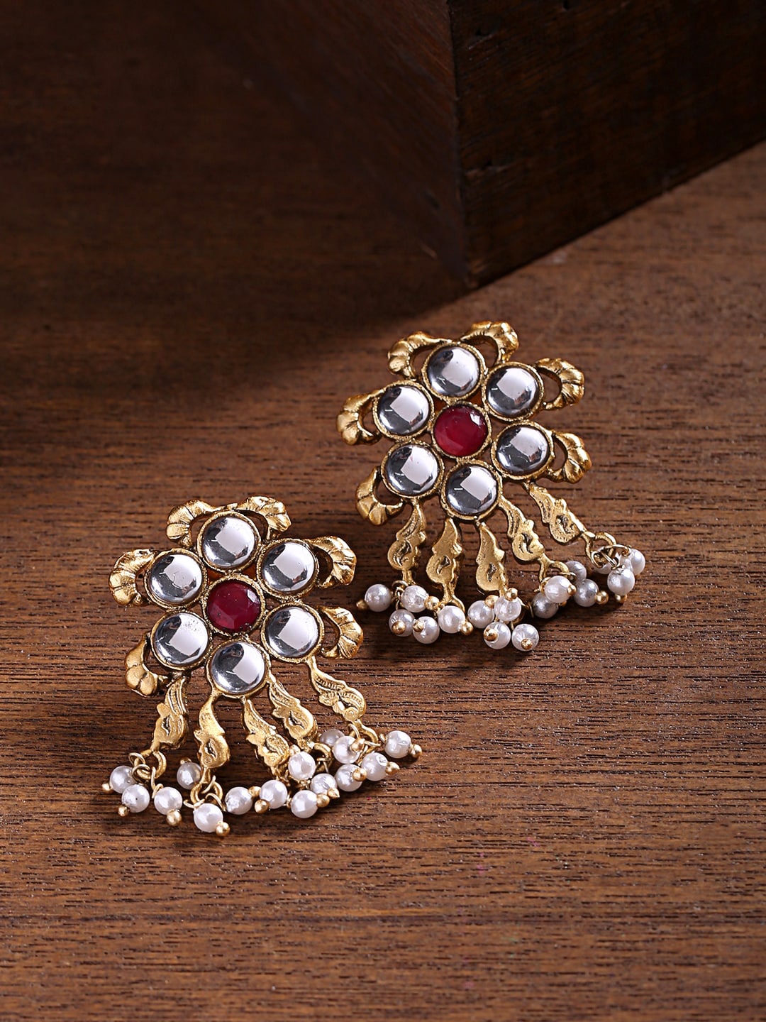 Shoshaa Gold-Plated & Red Kundan Contemporary Drop Earrings