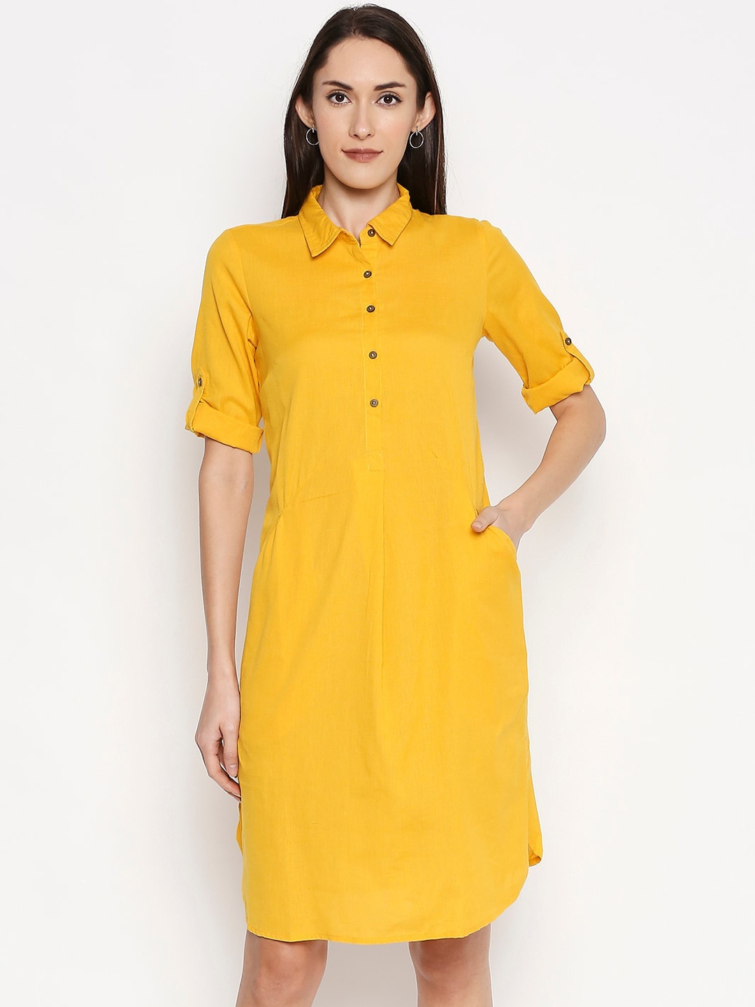 

AKKRITI BY PANTALOONS Women Yellow Solid Shirt Dress