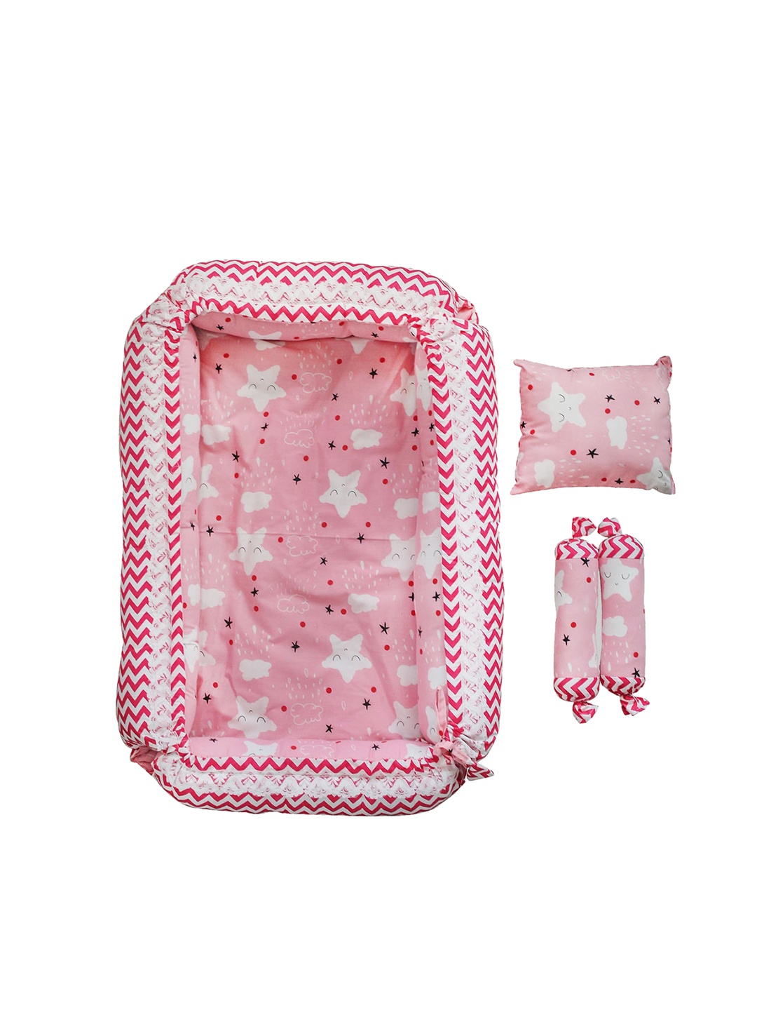 

LOREM Infants Pink & White Printed Tub Bed with 3 Pillow Set