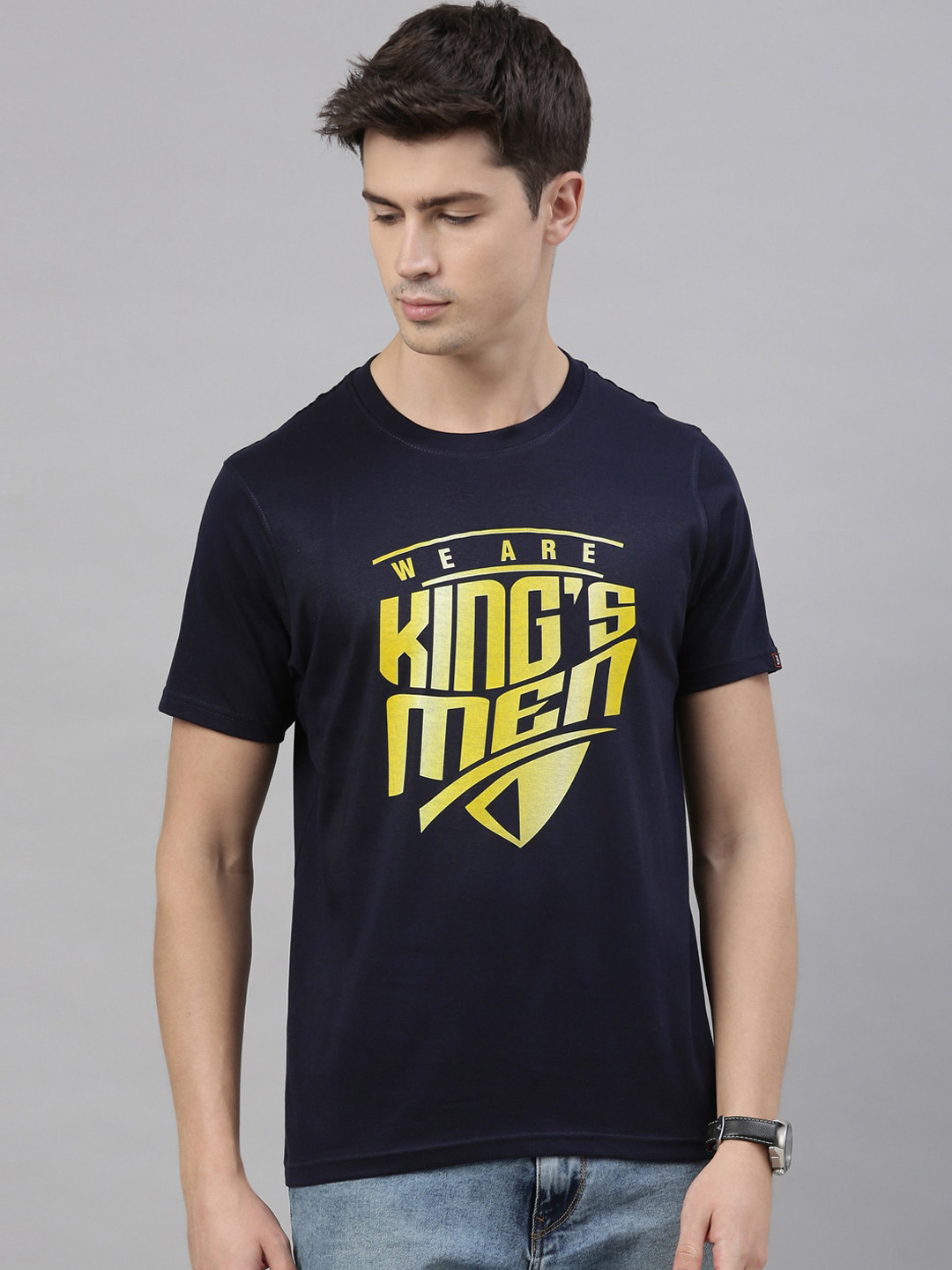 

Bushirt Men Navy Blue Printed Round Neck Cotton Pure Cotton T-shirt