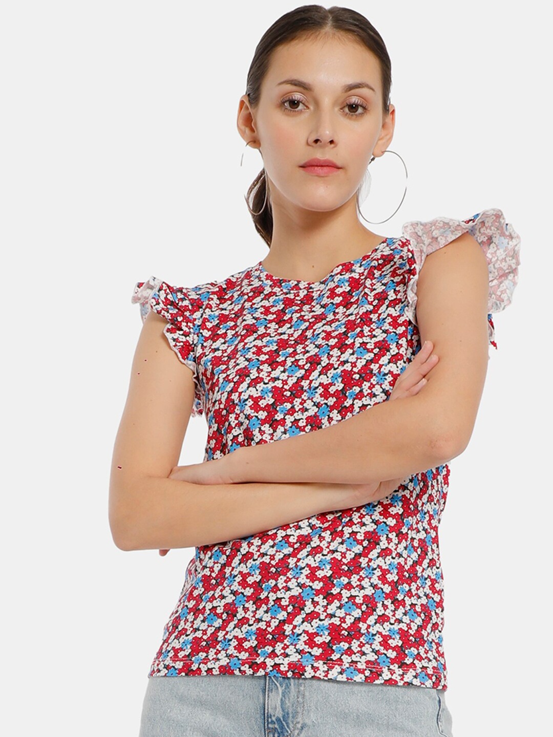

Sugr Red & White Floral Printed Flutter Sleeves Pure Cotton Regular Top