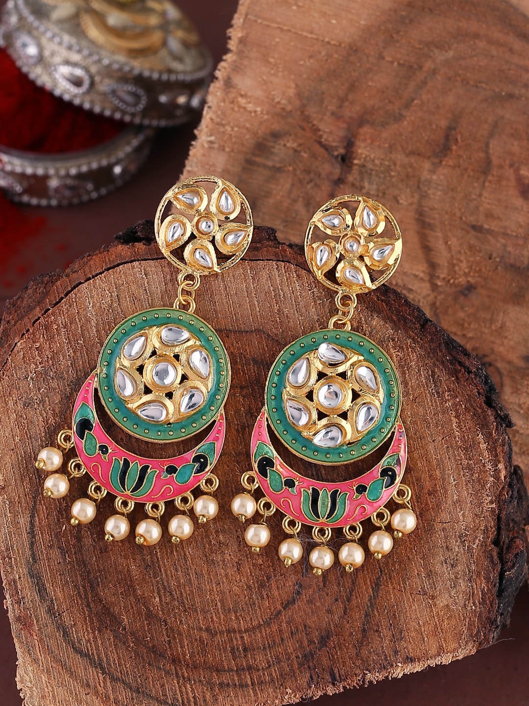 

Shoshaa Green & Pink Gold-Plated Geometric Kundan Enamelled Drop Earrings