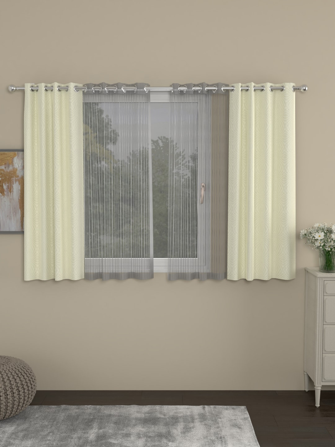 

ROSARA HOME Cream-Coloured & Transparent Set of 4 Jacquard Window Curtains