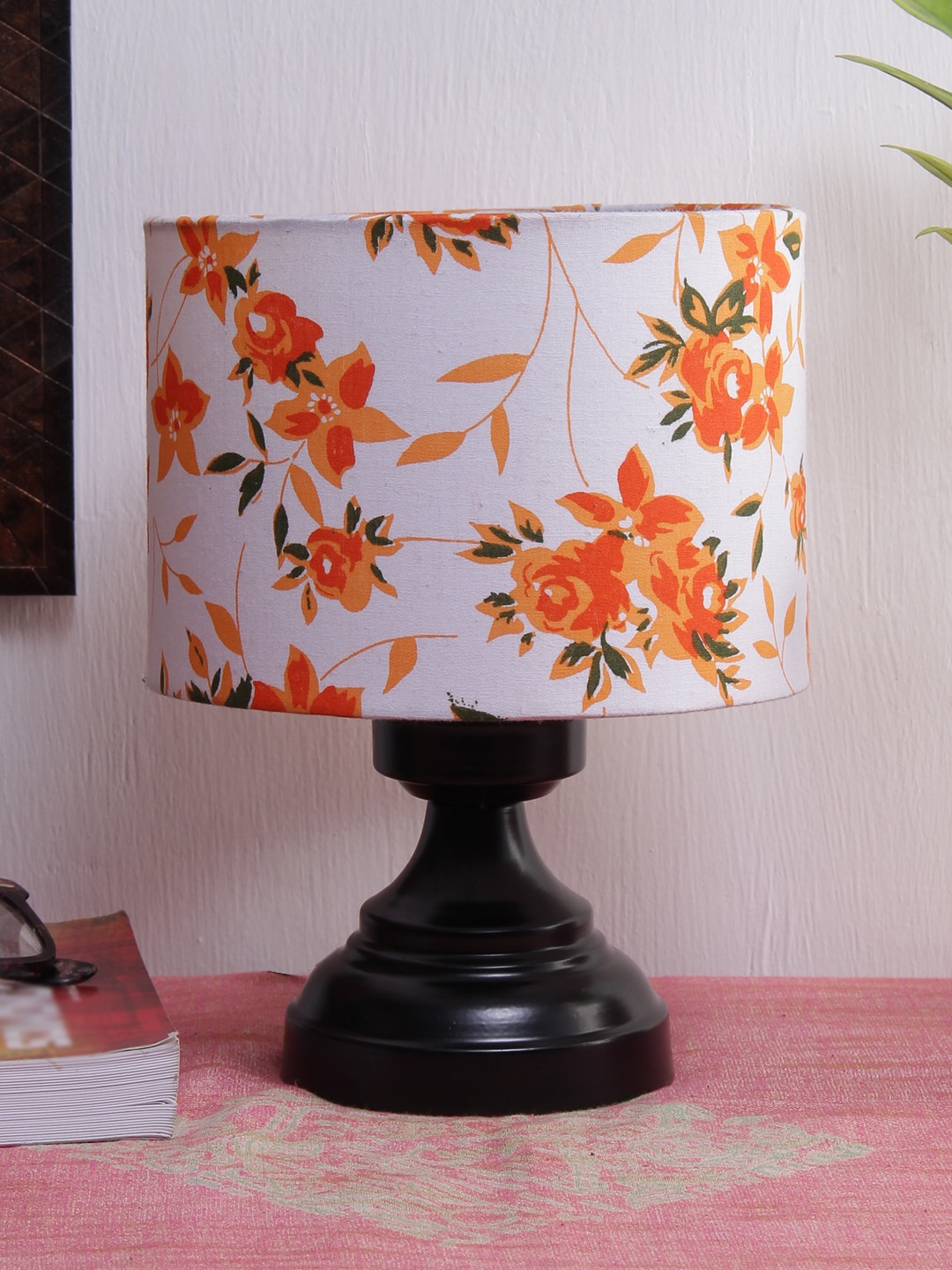 

Devansh White & Orange Printed Traditional Bedside Standard Table Lamp with Shade