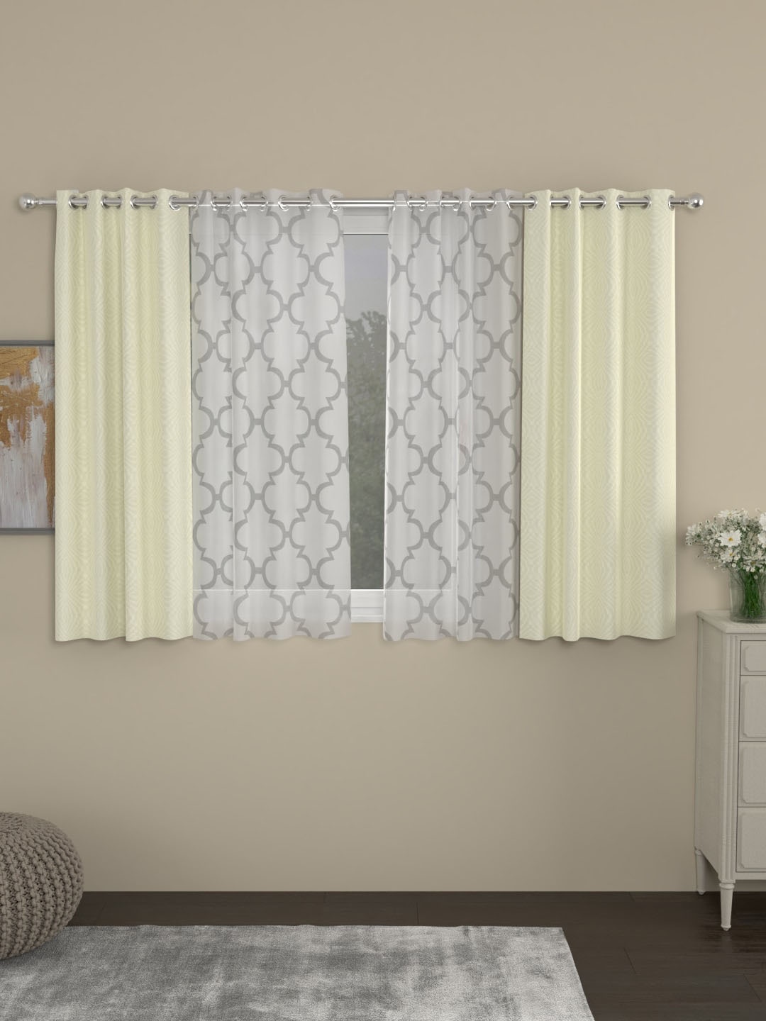 

ROSARA HOME Cream-Coloured & White Set of 4 Window Curtains