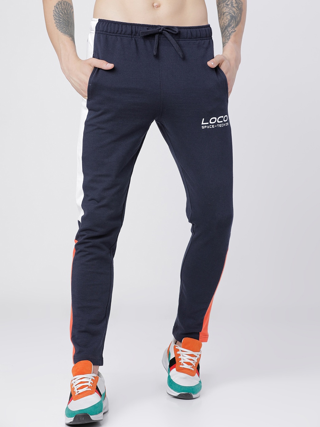 LOCOMOTIVE Men Navy Blue & White Solid Slim-Fit Track Pants
