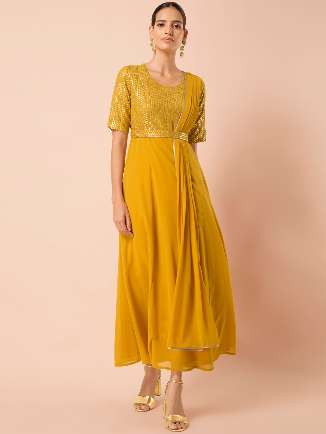 

INDYA Women Mustard Yellow Embroidered Maxi Tunic with Attached Belt