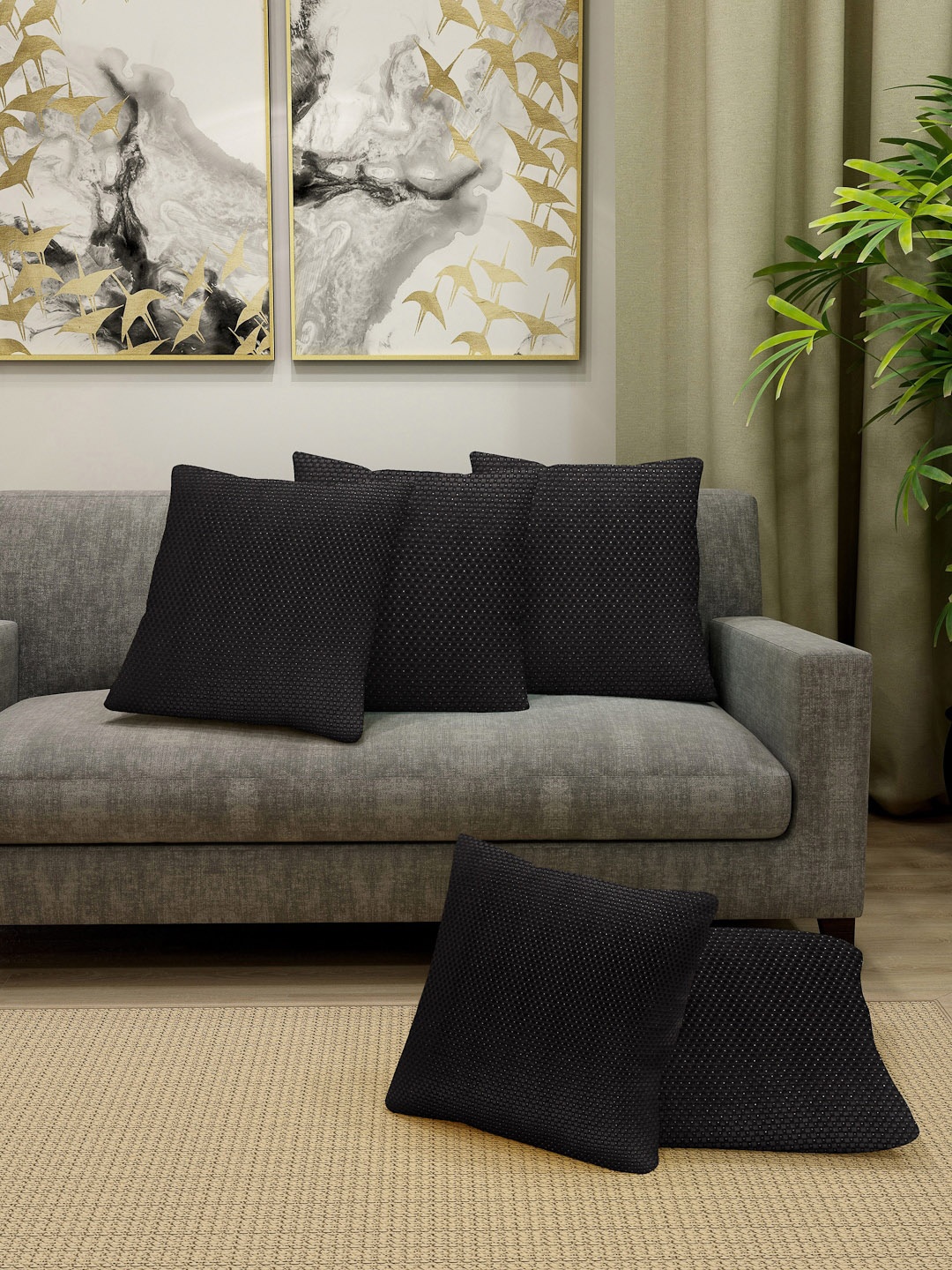 

KLOTTHE Black Set of 5 Self Design Square Cushion Covers