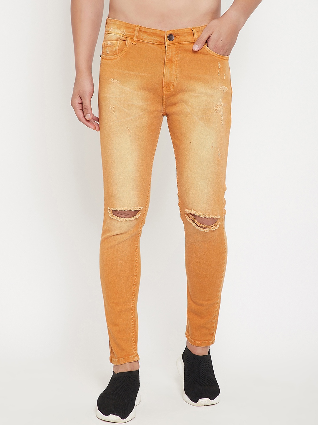 

FUGAZEE Men Mustard Yellow Slim Fit Mid-Rise Slash Knee Jeans