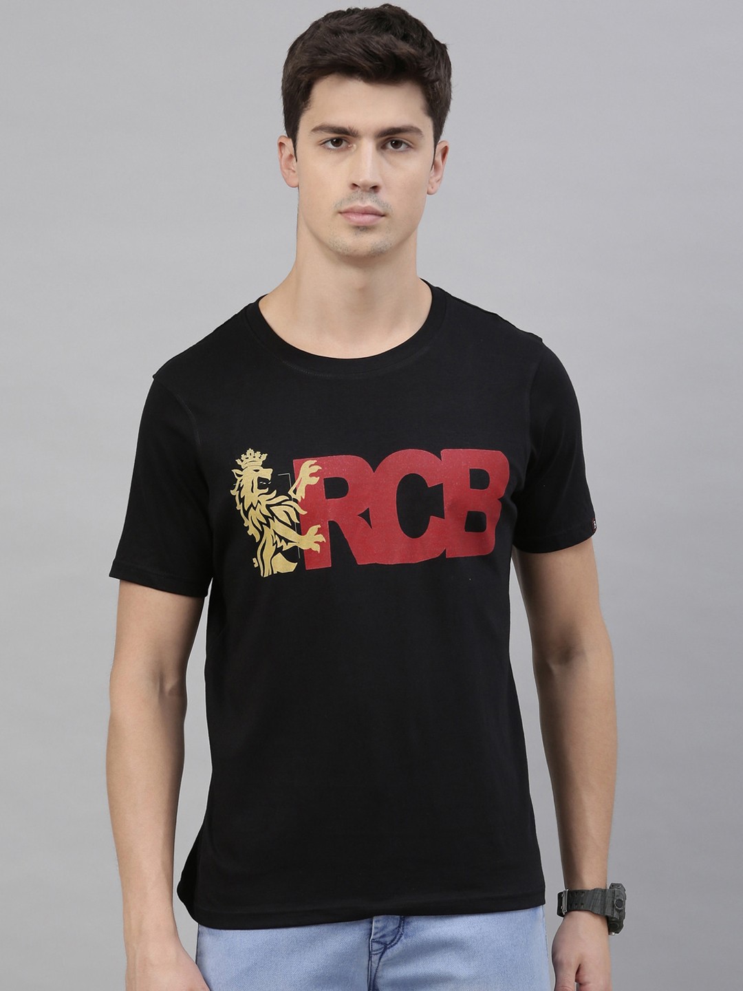 

Bushirt Men Black Red RCB Printed Round Neck Pure Cotton T-shirt