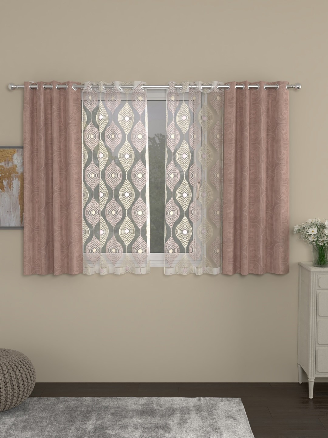 

ROSARA HOME Pink & Magenta Set of 4 Regular & Sheer Window Curtains