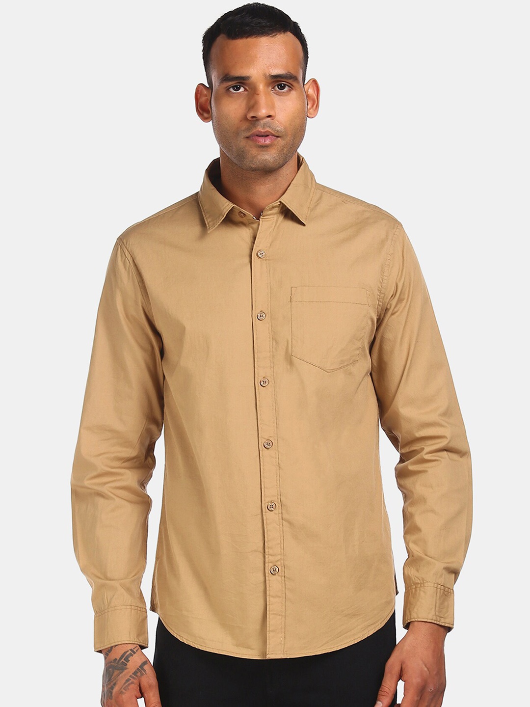 

Ruggers Men Khaki Regular Fit Solid Casual Cotton Shirt