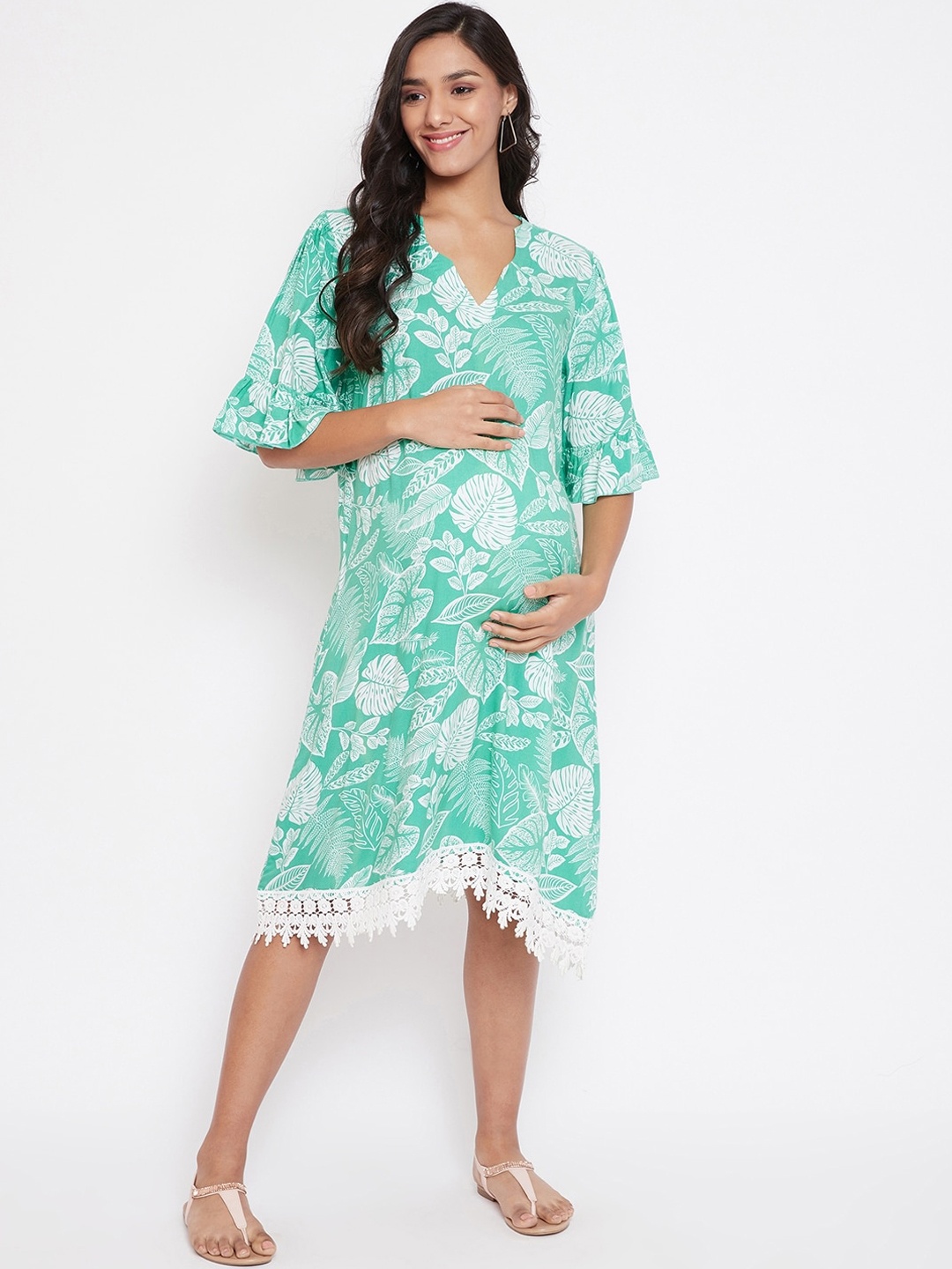 

The Kaftan Company Women Green Printed A-Line Maternity Dress