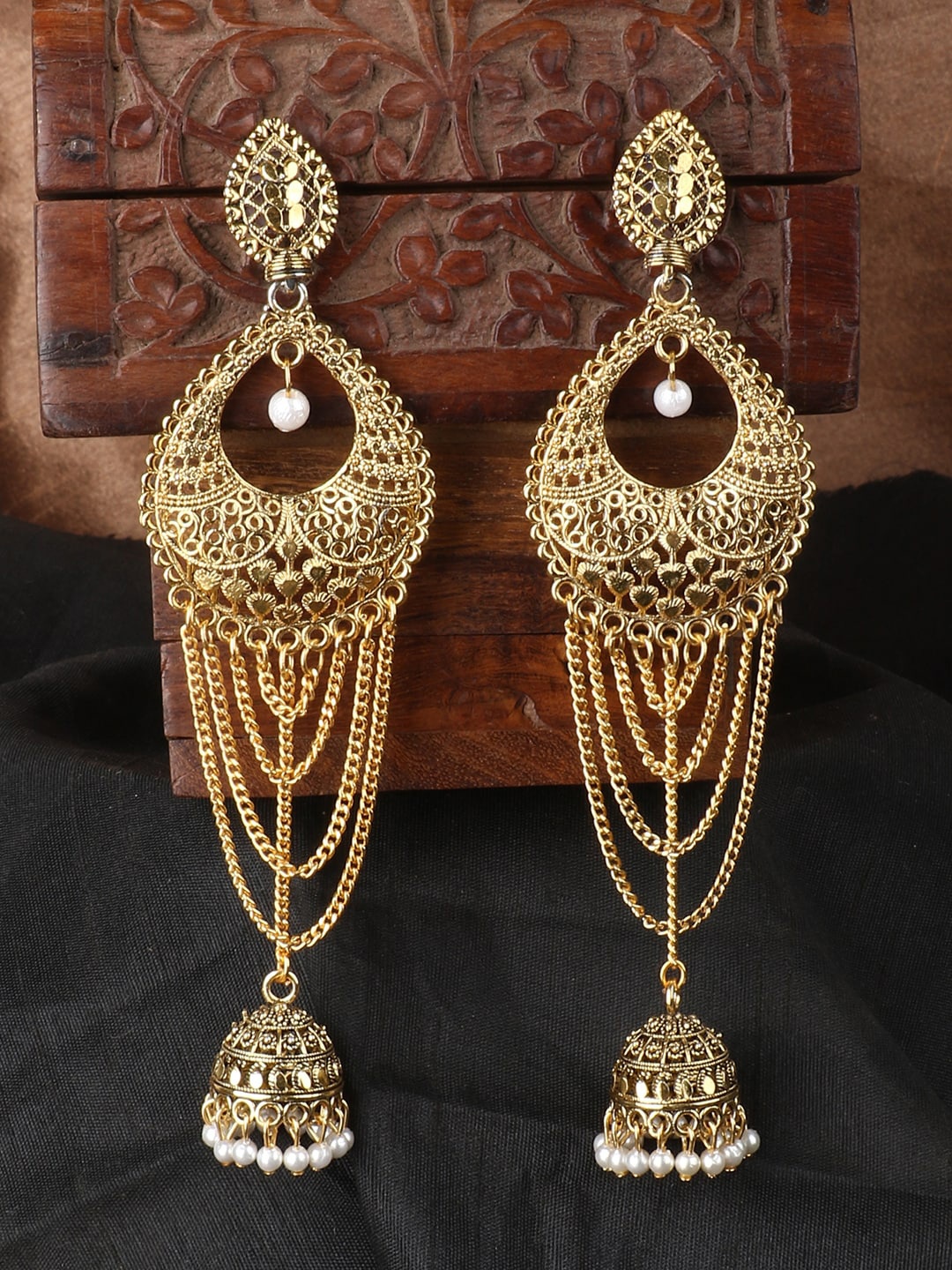 

ANIKAS CREATION Gold-Toned Classic Tassel Jhumkas