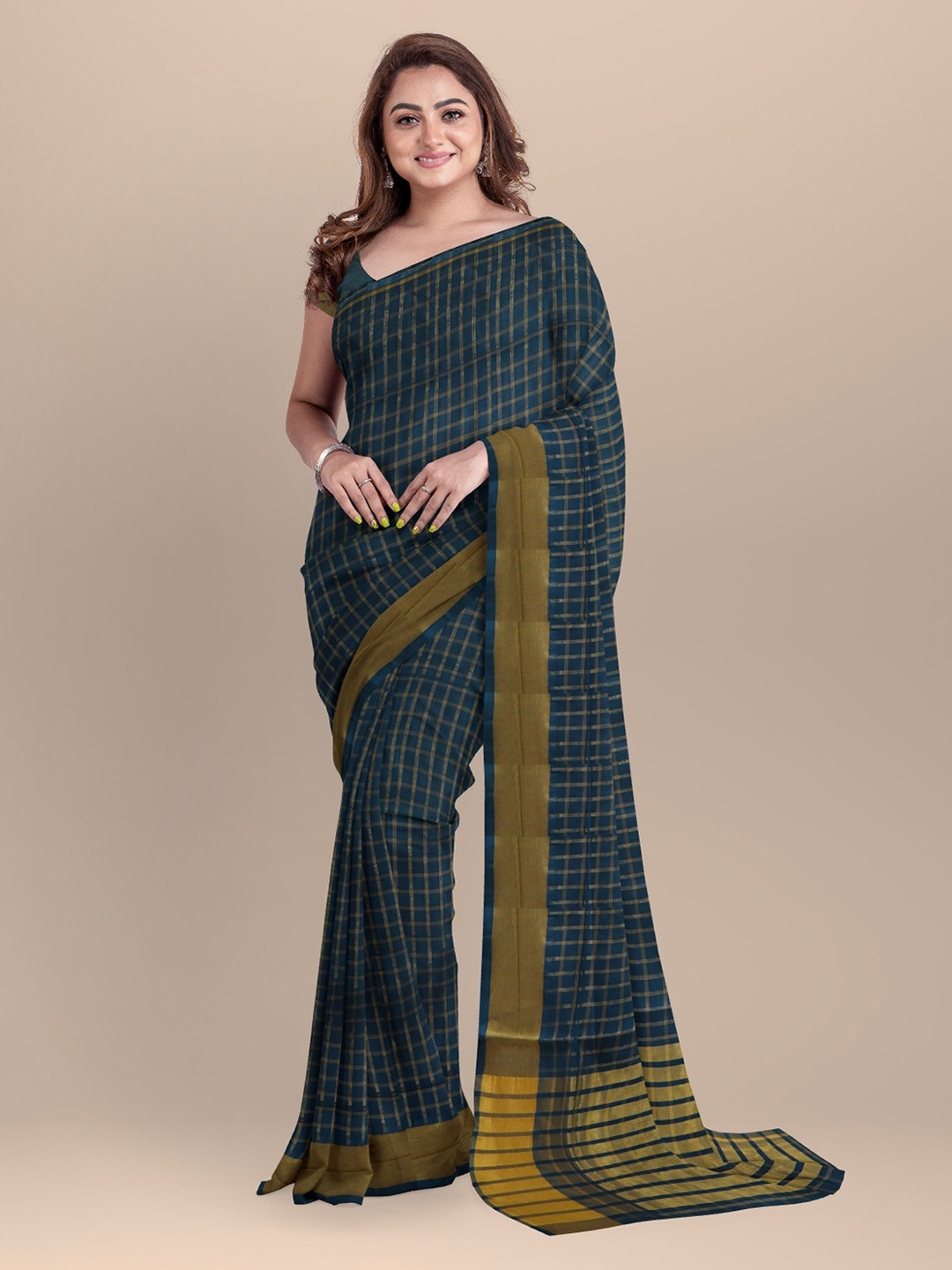 

APCO Navy Blue Pure Cotton Checked Venkatgiri Saree