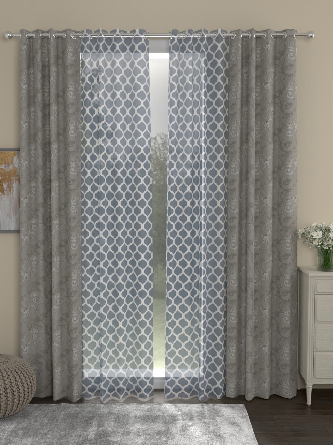 

ROSARA HOME Grey & White Set of 4 Jacquard Regular & Sheer Long Door Curtains