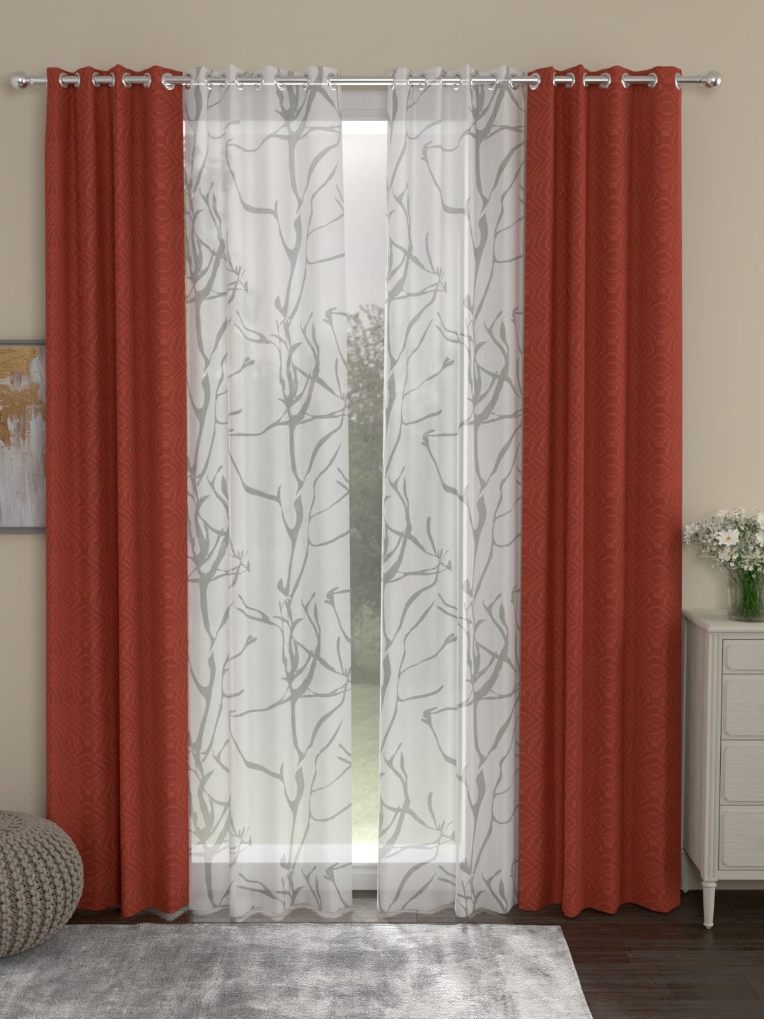 

ROSARA HOME Rust & White Set of 4 Long Door Curtains