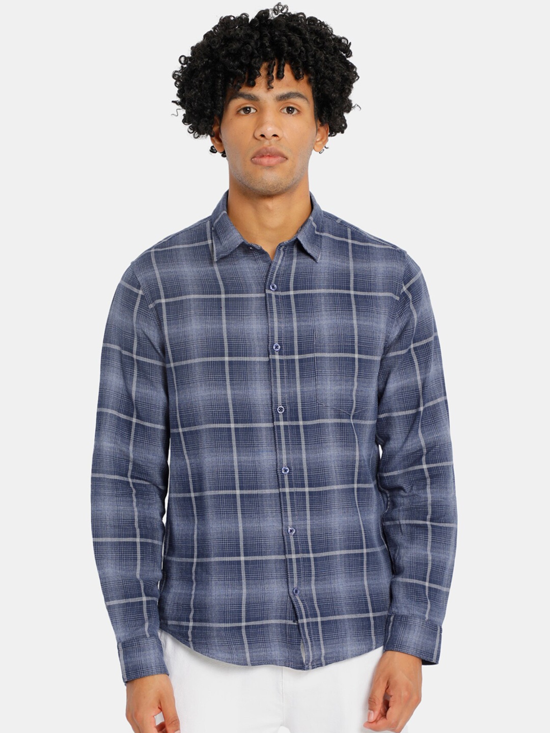 

Ruggers Men Navy Blue & Grey Regular Fit Checked Cotton Blend Casual Shirt
