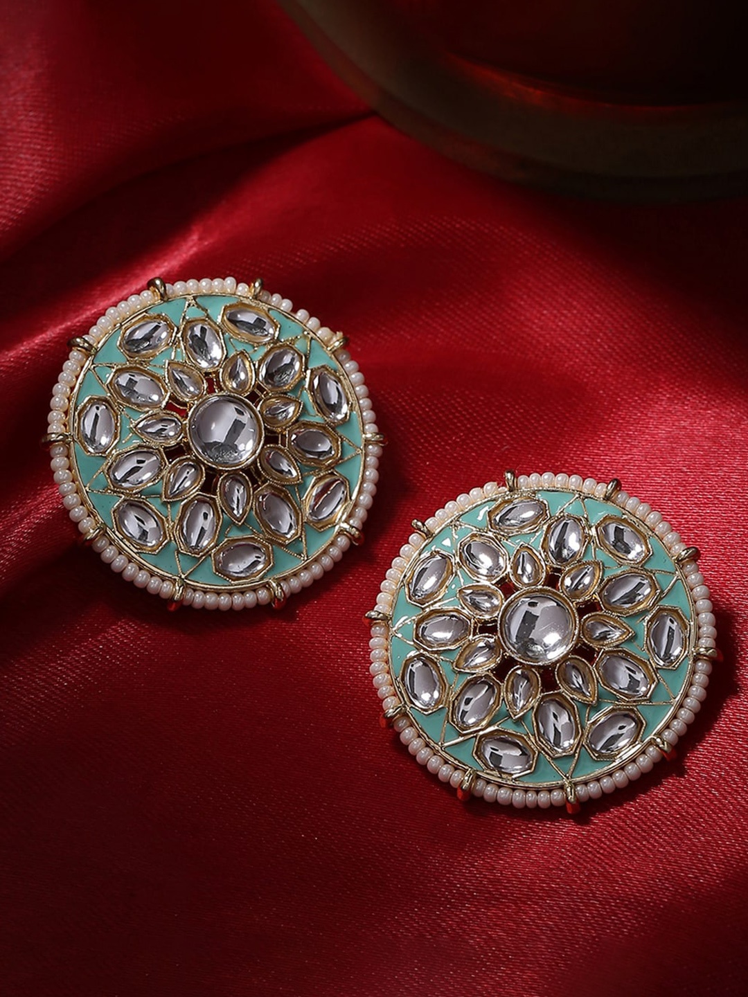 

Shoshaa Gold-Plated Green Kundan Adorned Meenakari Circular Drop Earrings