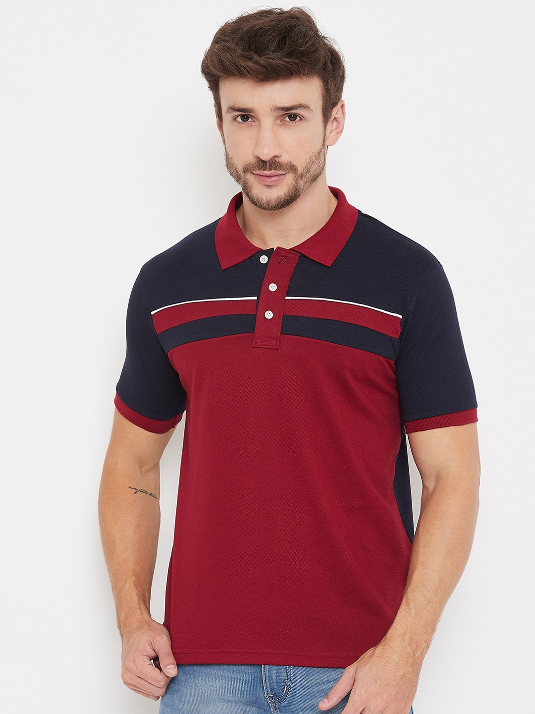 

Bishop Cotton Men Maroon & Navy Blue Colourblocked Polo Collar T-shirt